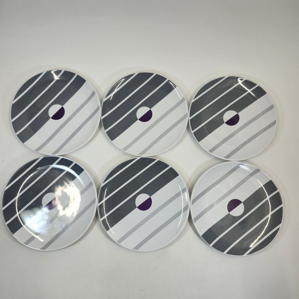 6 IKEA Dinner Plates Striped Purple Circle Memphis Style Design Portugal Set Lot